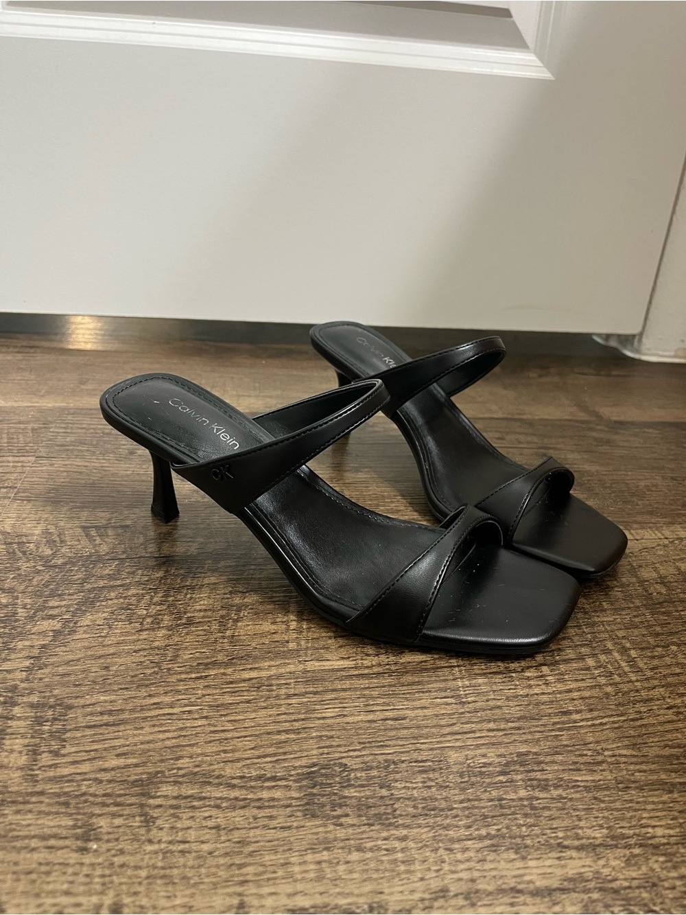 Calvin Klein Black Leather Square Toe Slide Heels